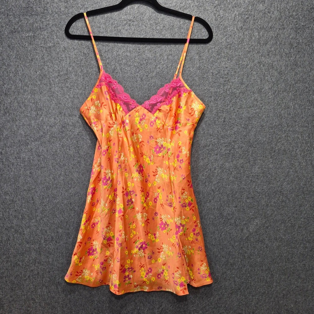 Vtg 90s Victoria's Secret Satin Slip Dress M Foral Coquette Boho Colorful Y2K